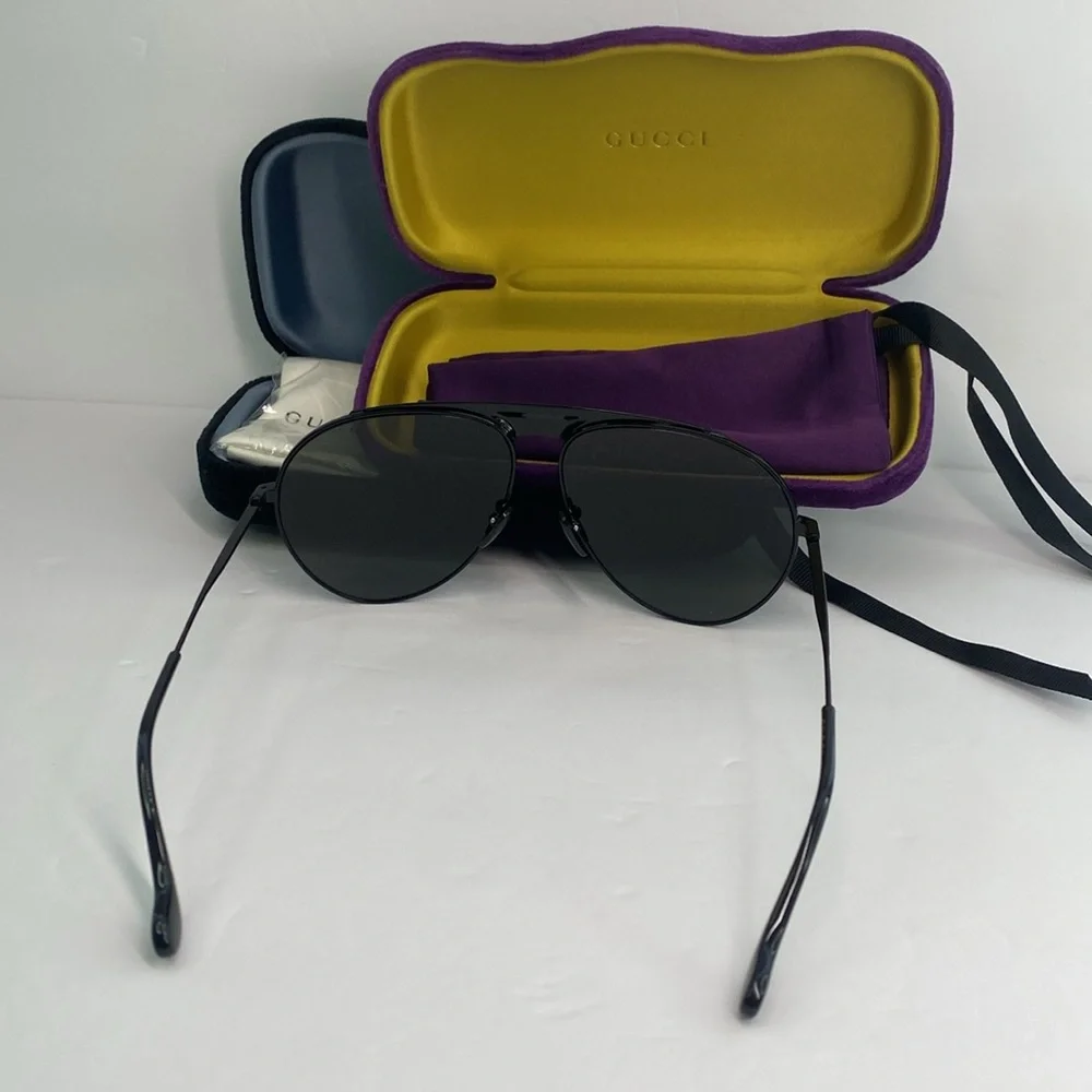 💯- New Authentic Gucci Black Aviator Sunglasses GG0908S-004 65